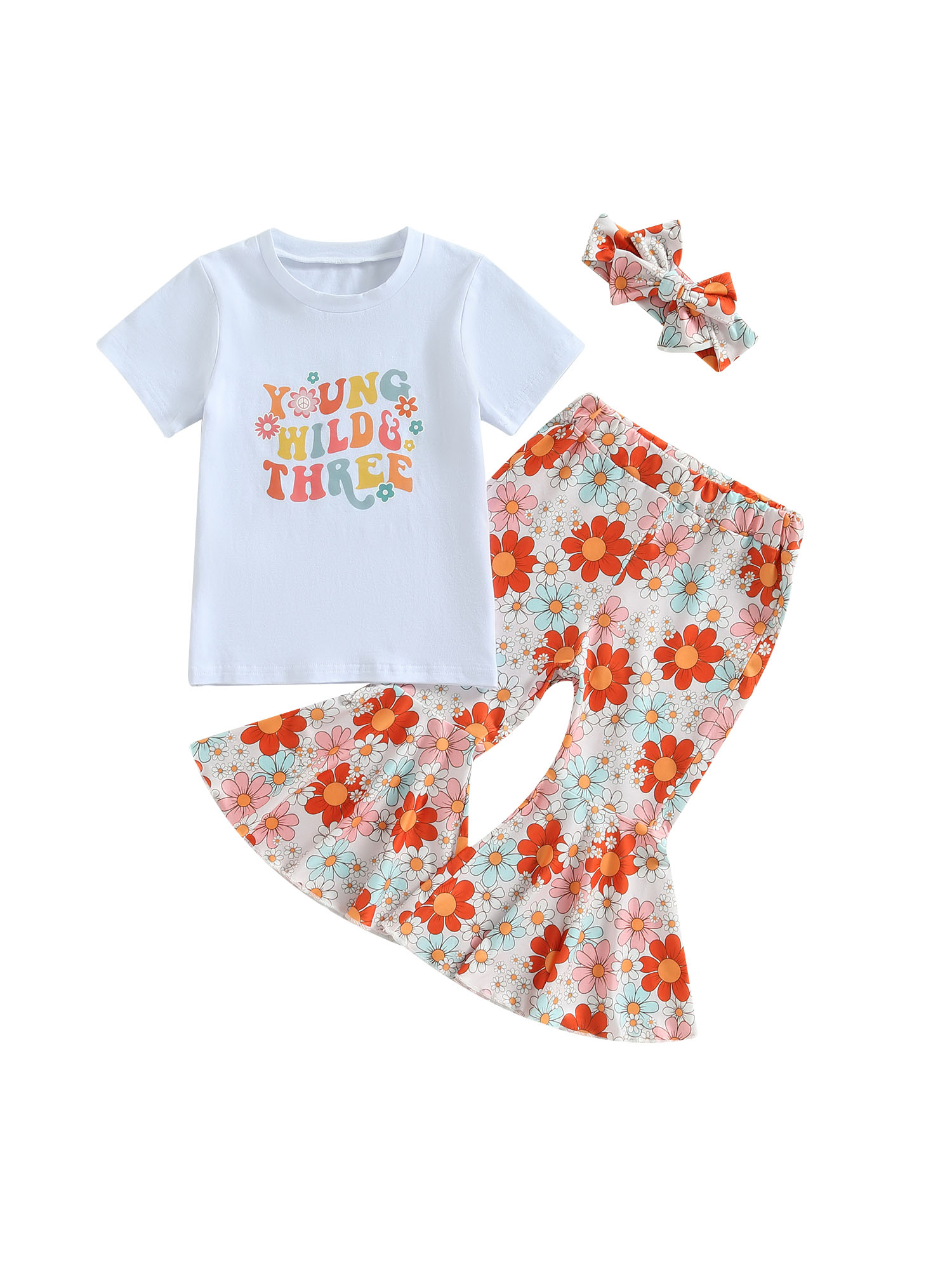 Bangyeer 3 Birthday Outfit Girl Letter Short Sleeve Romper Floral Print Flared Pants Headband